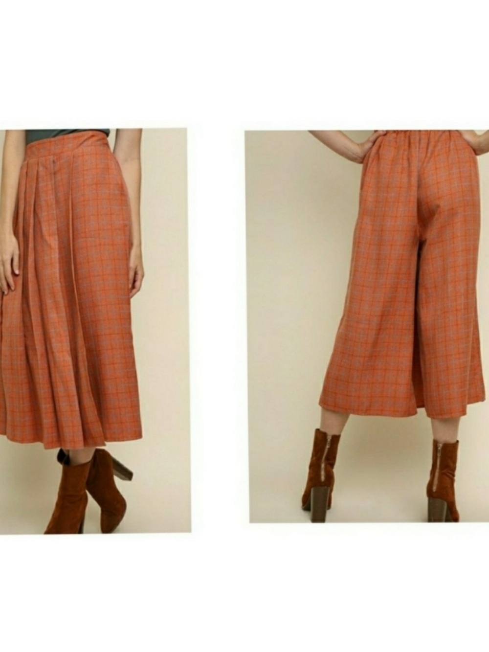 Umgee Orange Plaid Wide Leg Culottes